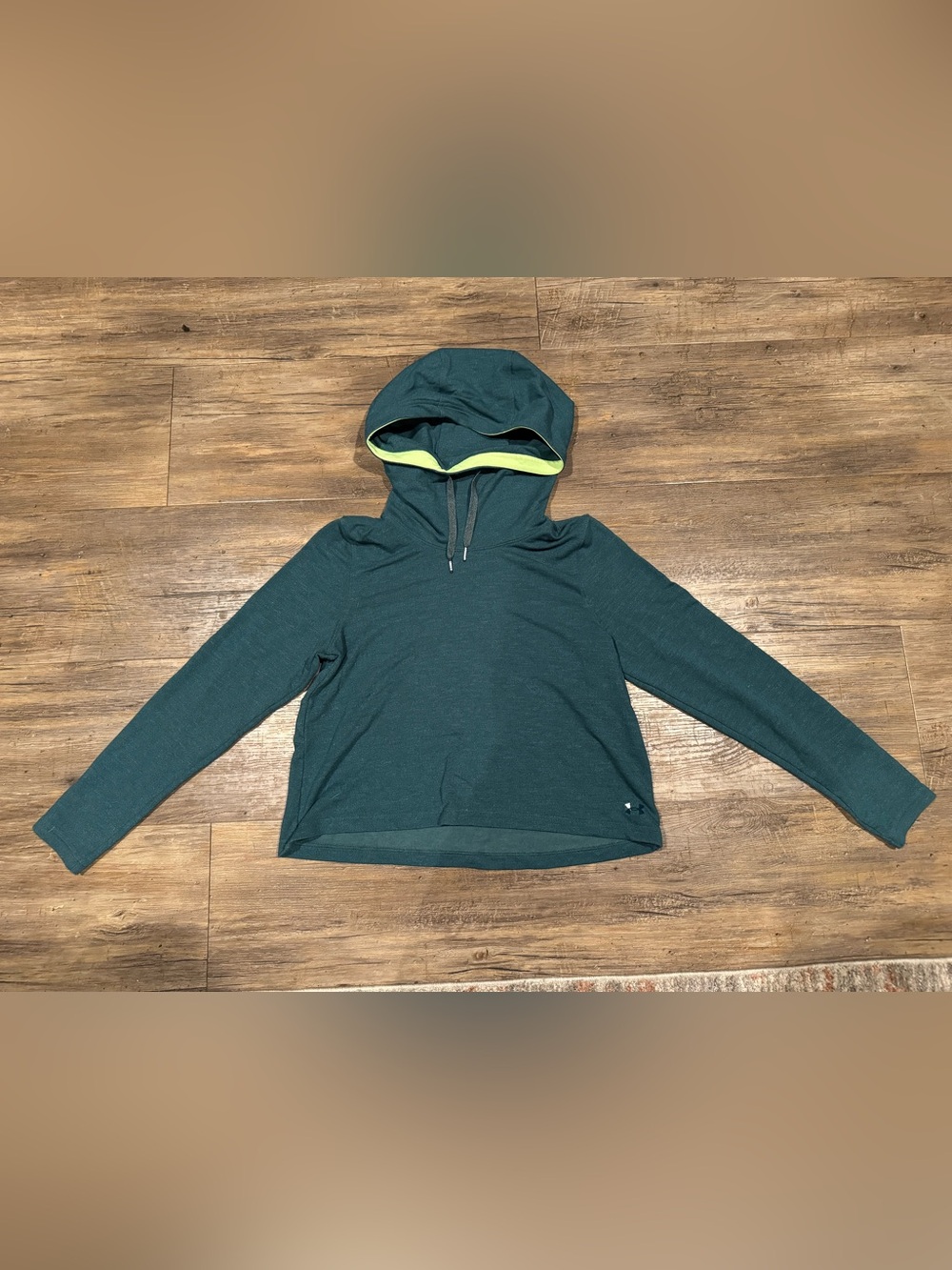 Under Armour Blue Green Soft Crop Athletic Pullover Hoodie Sz Sm EUC